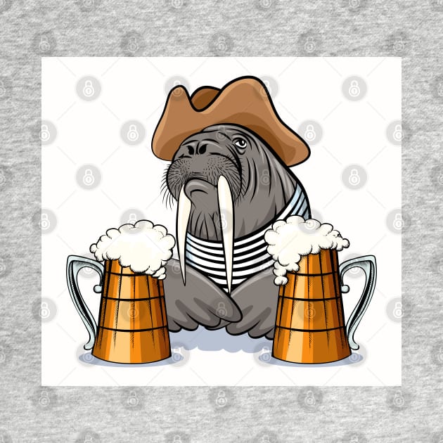 Humorous illustration of walrus with mugs full of beer. by devaleta